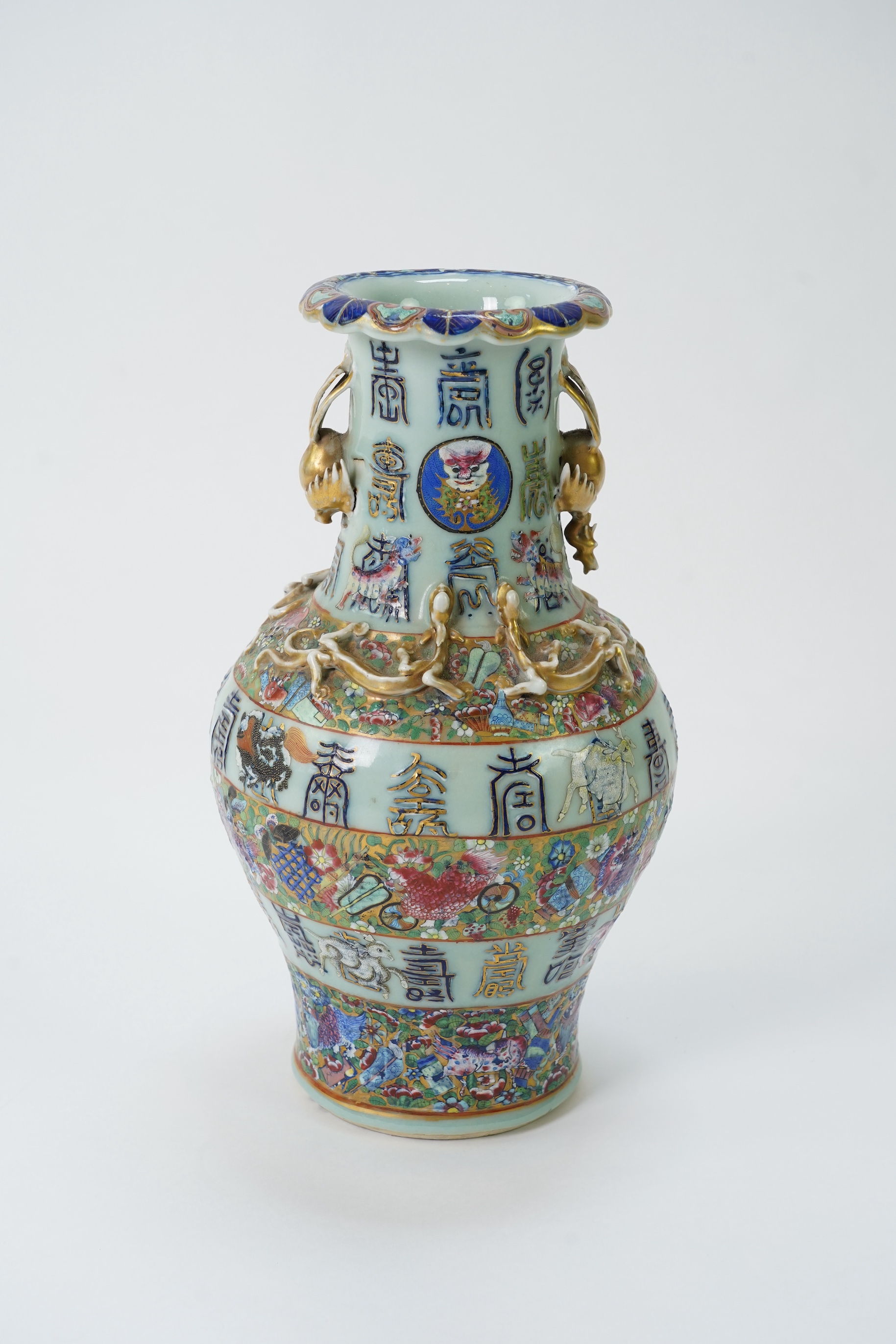 A Chinese celadon ground famille rose ‘Hundred Shou’ vase, 19th century